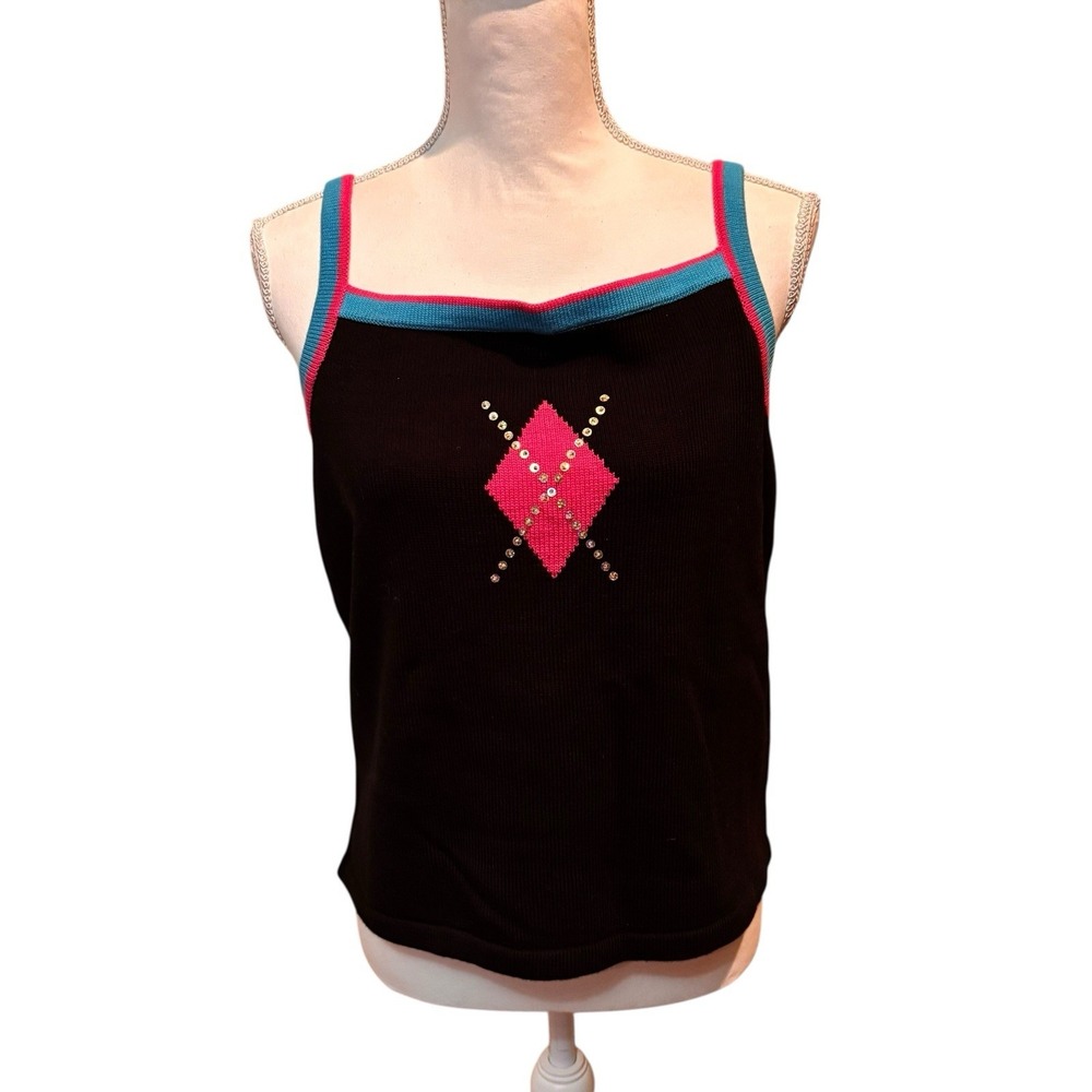 Jack B Quick Y2K Black Knit Sweater Rhinestone Argyle Spaghetti‎ Strap XL